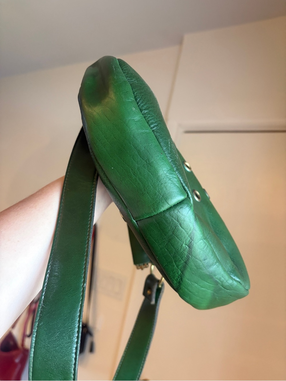 FREE with purchase! Vintage Green Leather Crossbody Bag with Eyelet Detail - Picture 6 of 14